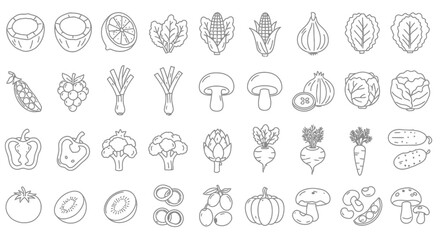 A collection of simple black-and-white line art icons of vegetables and fruits