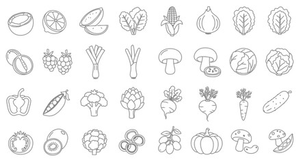 A collection of simple black-and-white line art icons of vegetables and fruits