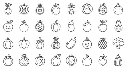 A collection of simple black-and-white line art icons of vegetables and fruits