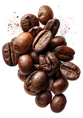 Close-up cluster of roasted coffee beans.  Surrounded by a scattering of reddish-brown particles