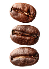 Close-up of three coffee beans, vertically stacked.  Dark brown, textured surfaces.  Visible ridges and lines
