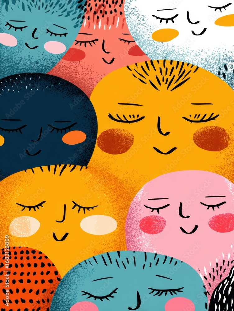 Aufkleber brightly colored faces with cheerful expressions create a vibrant design, representing unity and pos