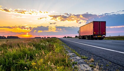 Fototapeta premium Scenic highway at sunset with a red truck