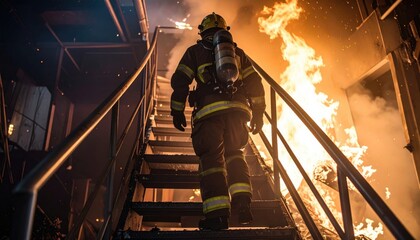 Firefighter heroically ascending metal stairs into a blazing inferno, carrying oxygen tank. Intense heat and smoke fill the scene