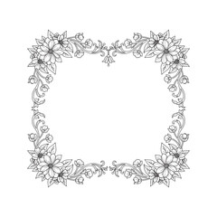 Elegant floral frame with hand-drawn flowers and leaves. Black and white line art border for wedding invitations, greeting cards, or coloring pages.
