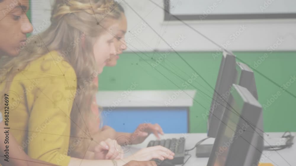 Poster multiple student hands appearing on keyboards initiating group coding in school computer lab