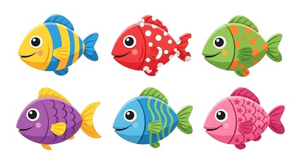 Fototapeta premium Six different funny expresion cartoon fish characters, isolated on white background.