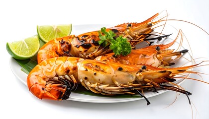 Three grilled prawns arranged attractively on a plate with lime wedges and fresh herbs, showcasing a delightful display of vibrant colors and appetizing food.