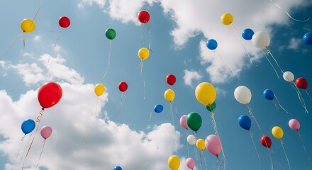 Colorful Balloons Floating in a Blue Sky with Clouds