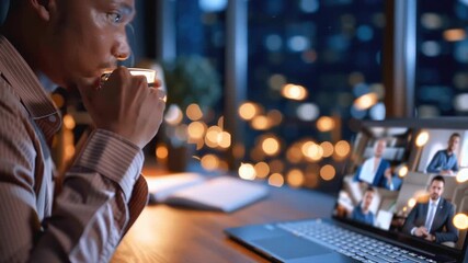 Video conference displaying diverse employees, highlighting leadership interaction through advanced digital communication technology within sleek workplace environment - Powered by Adobe