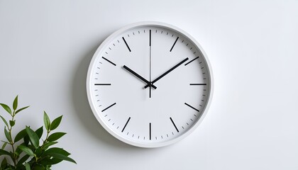 A minimalist white wall clock with black hands showing the time next to a green plant.