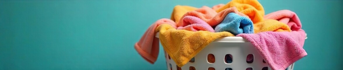 Overflowing laundry basket brimming with colorful clothes and towels, ready for washing A scene of domestic life and household chores , softener, washing