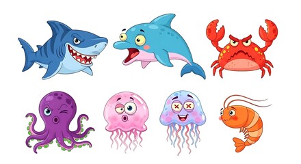 Fototapeta premium 8 different funny expresion cartoon jellyfishes, octopus, shrimp, crab, shark, dolphin, isolated on white background