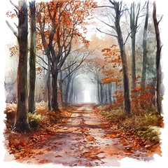 Obraz premium Fall Forest Misty Morning, watercolor illustration vector, isolated on a white background.