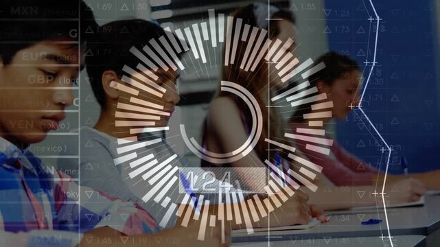 Students writing timed exam starting countdown, camera panning with radial data overlays rising