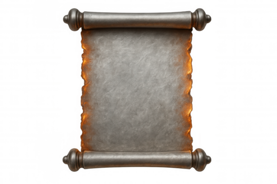 Metallic scroll burning against a transparent background, perfect for enhancing fantasy or historical themes in various creative projects