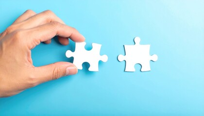 A hand carefully places a white puzzle piece next to another on a bright blue background, signifying completion and unity in a minimalist composition