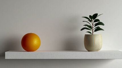 Photograph of a single orange on an empty white shelf with a minimalist potted plant in the background, 3D rendering, simple style