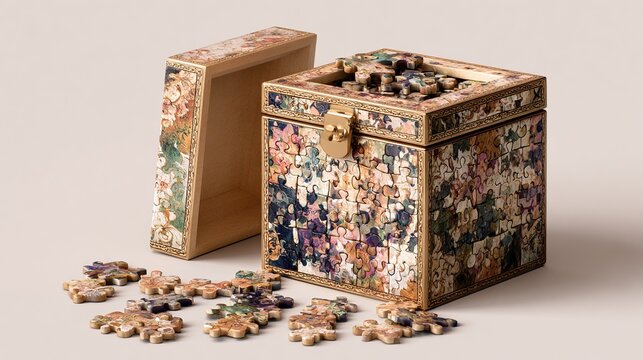 Floral puzzle in a box, pieces spill out