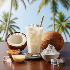 A creamy white Batida de Coco in a glass with a coconut-flaked rim, ice cubes, and a straw. It is surrounded by fresh coconuts, bowls of dulce de leche, and condensed milk on a wooden table with palm 