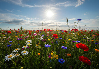 Vibrant wildflower meadow bathed in the warm glow of a bright sun, showcasing a diverse array of colorful blooms under a clear blue sky dotted with fluffy clouds