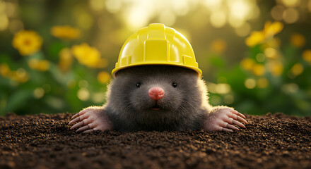 A very cute mole wearing a yellow construction hard hat peeking out of the ground with a blurred background of yellow flowers and green foliage creating a warm and inviting atmosphere