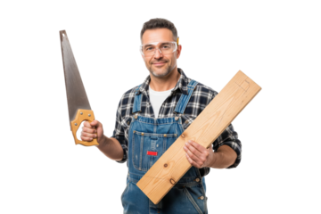 Friendly carpenter in overalls and safety glasses holding a hand saw and wood.