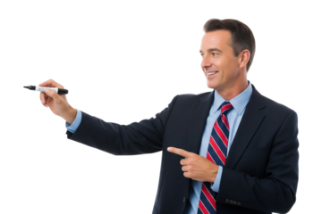 Smiling businessman in a suit presenting and writing with a marker on a virtual board.