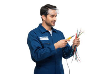 Electrician instructor in overalls using a multimeter to test wires.