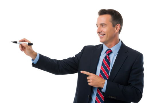 Smiling businessman in a suit presenting and writing with a marker on a virtual board.