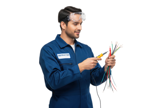 Electrician instructor in overalls using a multimeter to test wires.