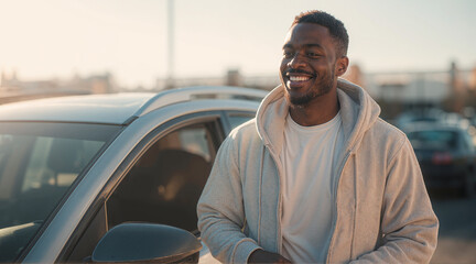 Fototapeta premium A smiling man stands next to a silver car in a parking lot on a sunny day, looking off into the distance with a happy expression.