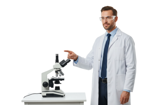 Male scientist in a lab coat pointing at a microscope in a laboratory.