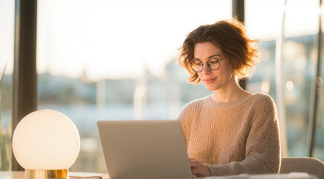 Woman with glasses working on a laptop at a desk with a modern lamp in a brightly lit room, focused and smiling slightly.