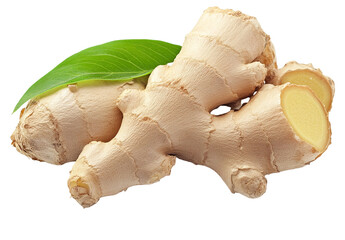 Fototapeta premium Close up, Fresh ginger rhizome with sliced and green leaves isolated on white background.