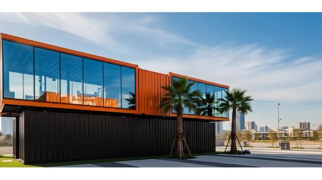 Modern Shipping Container Building with Glass Windows and Palm Trees