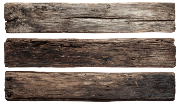 Three weathered, horizontal wooden planks.  Dark brown tones, showing signs of age and wear.  Natural wood grain visible.  Simple, rustic texture