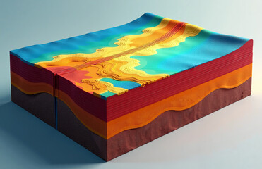 A colorful cross-section resembling a topographic map, showing layered geology and surface elevation variations for scientific illustration.