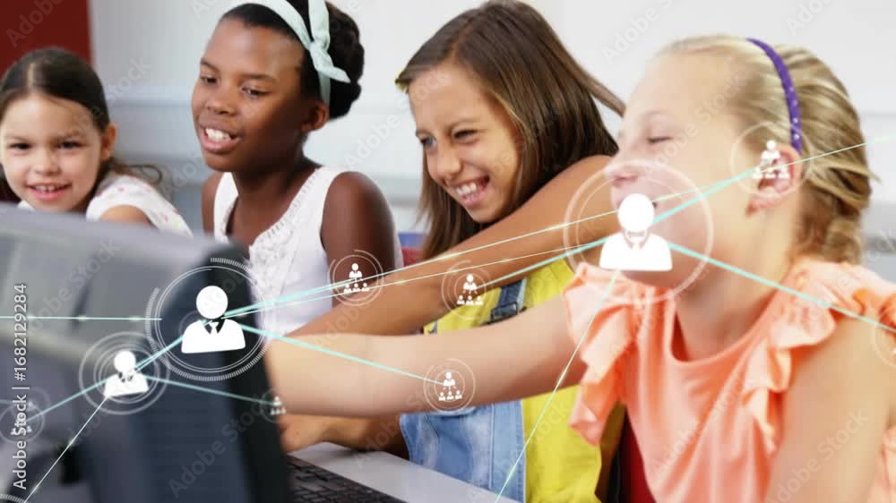Poster three students typing and pointing in computer lab growing network icons overlaying for education