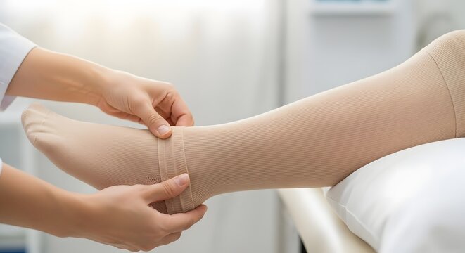 Applying compression stockings by a healthcare professional helps blood circulation and reduces leg swelling. Medical care for vein health.