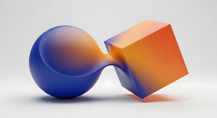 Abstract 3D rendering of a blue sphere morphing into an orange cube, with a gradient color scheme on a plain white background.