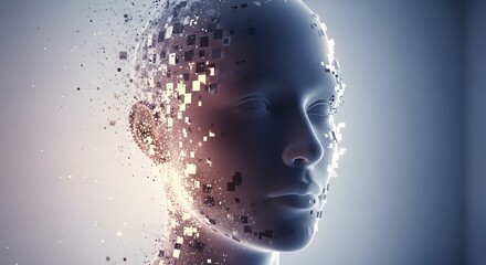 Humanoid face gradually dissolving into digital particles, suggesting AI, data processing, or a technological evolution.