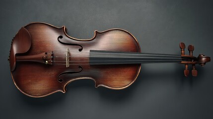 Fototapeta premium A rich, dark-brown violin rests on a gray surface, viewed from directly above. Its polished wood gleams subtly, highlighting the instrument's elegant 