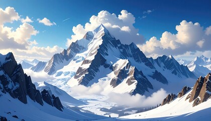Majestic snow-covered mountain peaks pierce a blue sky dotted with fluffy white clouds, creating a serene and breathtaking alpine panorama