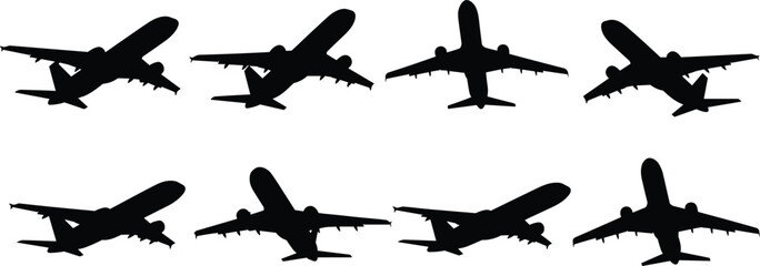Silhouette vector set of commercial airplanes viewed from below in multiple angles for aviation, airline, travel, transportation, and aircraft design themes