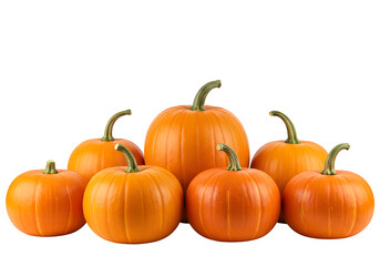 Obraz premium Vibrant collection of fresh orange pumpkins ready for autumn harvest and seasonal holiday decorations, perfect for fall promotions and festive events, isolated on white or transparent background. PNG