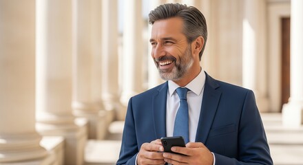 Smiling businessman using smartphone outdoors