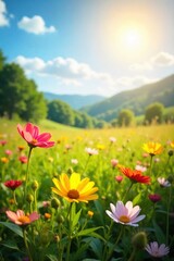 Obraz premium A vibrant sunlit field of wildflowers swaying gently in the breeze, representing joy and serenity Perfect for themes of contentment, peace, and inner happiness , outdoor, idyllic, spring