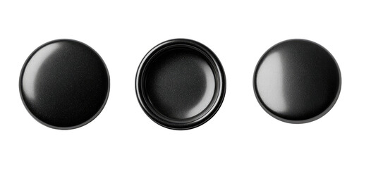 Three identical, circular, matte-black objects arranged horizontally.  Each object is a smooth, solid disc of black color with a slightly recessed center.  The image has a stark, minimalist feel.