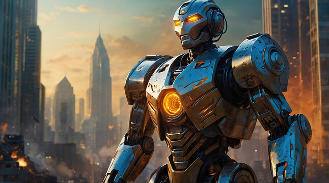 Futuristic Robot in Sci-Fi Cityscape: Advanced Robotics and Battle Scene with Glowing Eyes at Sunset